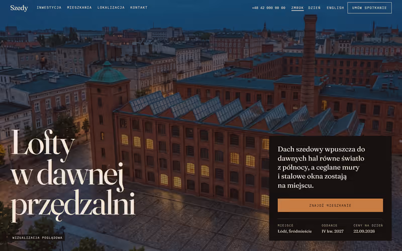 Górny fragment strony inwestycji Szedy: lofty w dawnej przędzalni