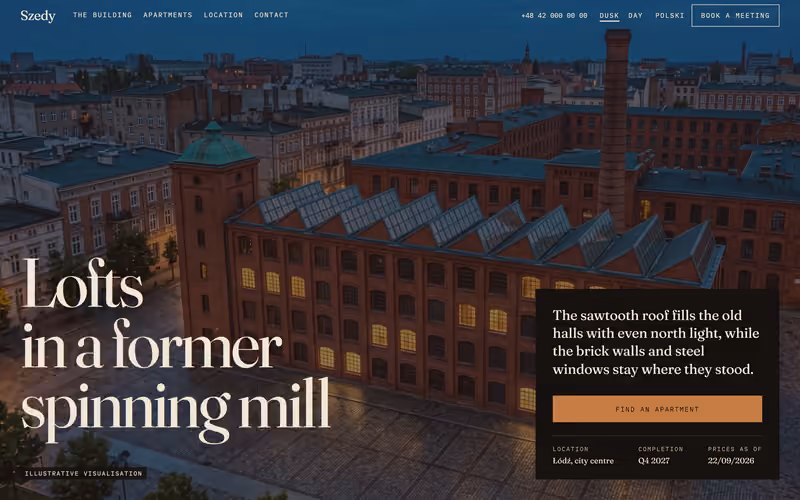 The top of the Szedy website: lofts in a former spinning mill